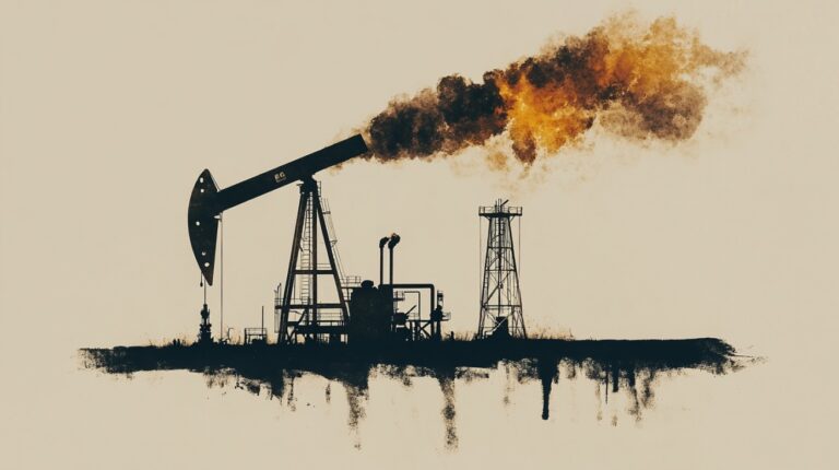 Stylized illustration of an oil pump jack with smoke rising from it