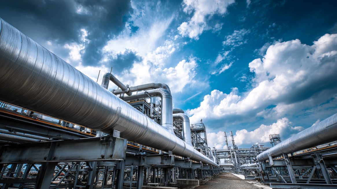 Large natural gas pipelines running through an industrial plant under a cloudy sky