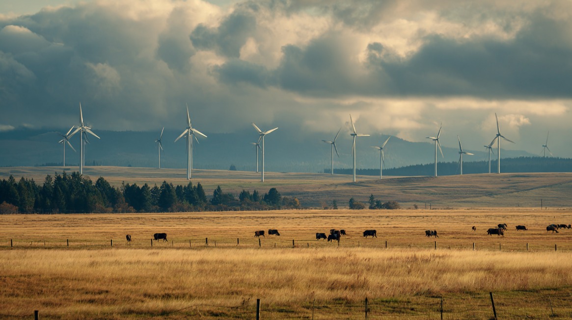 Wind farm with turbines spread across a rural landscape with grazing cattle