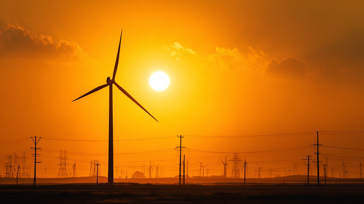 Wind turbines standing in a flat landscape with the sun setting behind them