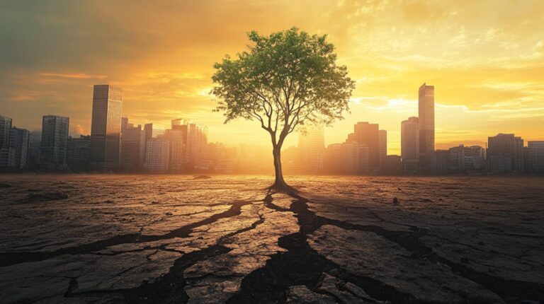 A lone tree growing in cracked, dry earth with a city skyline in the background and a golden sunset sky, symbolizing the tension between urban development and environmental sustainability