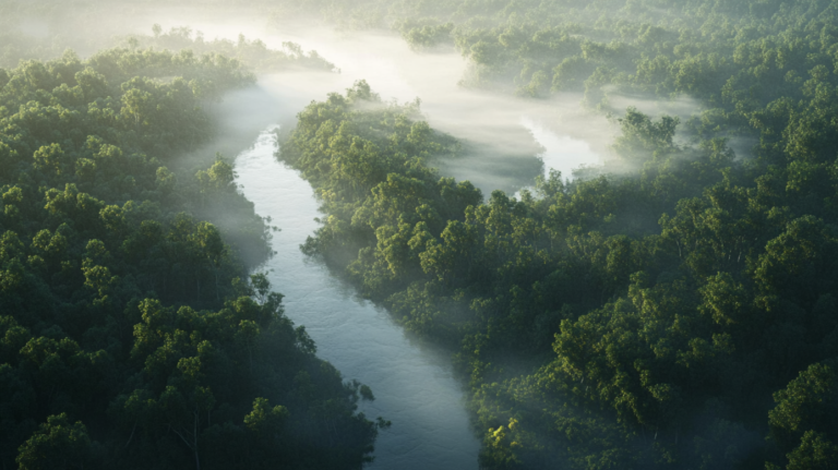 Aerial View of A Forest with Mist and A River, Highlighting Its Role in The Global Carbon Cycle
