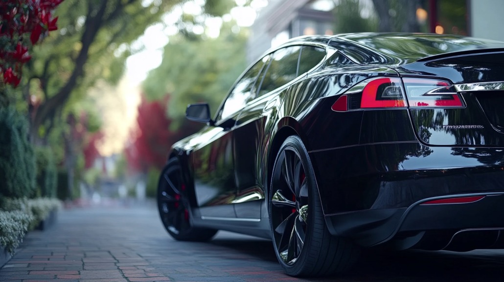 Rear-side view of a black Tesla Model S parked on a brick driveway surrounded by trees