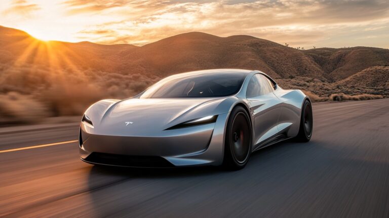 A sleek silver electric car driving fast on a scenic road at sunset