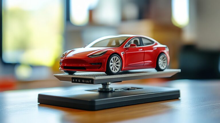 A red Tesla Model 3 scale model displayed on a platform in a well-lit room