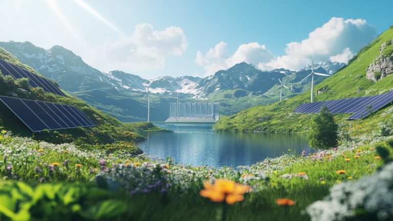 Image Showing Solar Panels, Wind Turbines, and A Hydroelectric Dam for Hydropower vs Wind Energy