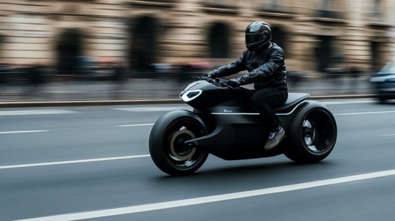 Rider in black gear speeding on a futuristic black electric motorcycle through a city street