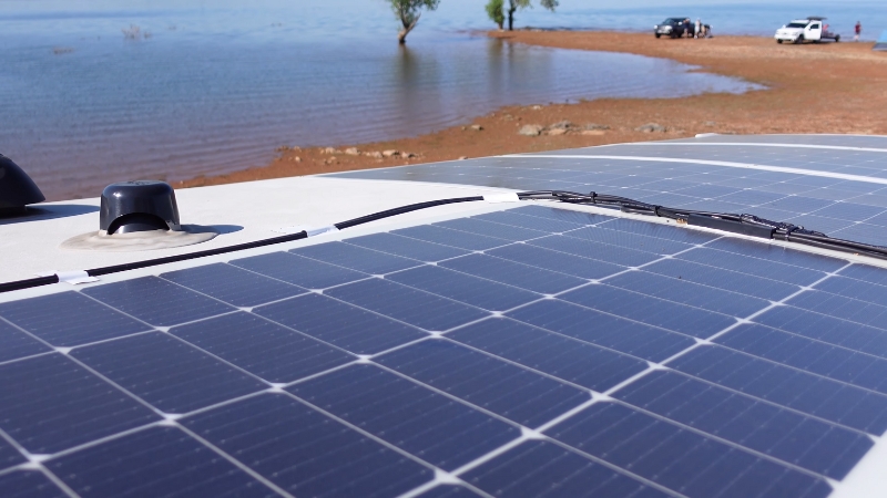 Close-up of solar panels installed on an RV roof
