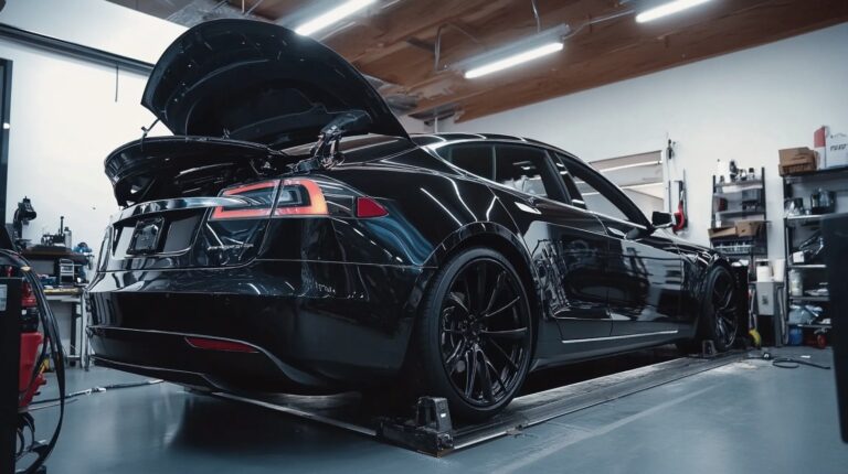 Tesla undergoing battery replacement in a modern service shop with its trunk and hood open.