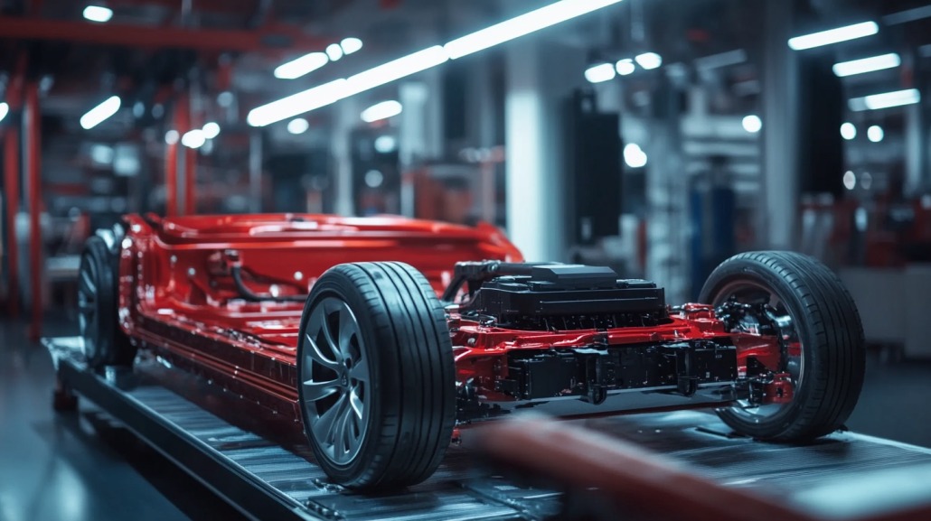 Red Tesla vehicle chassis with visible battery pack and wheels in a high-tech manufacturing facility