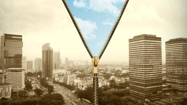 A city skyline with a zipper revealing a blue sky, symbolizing the impact of climate change