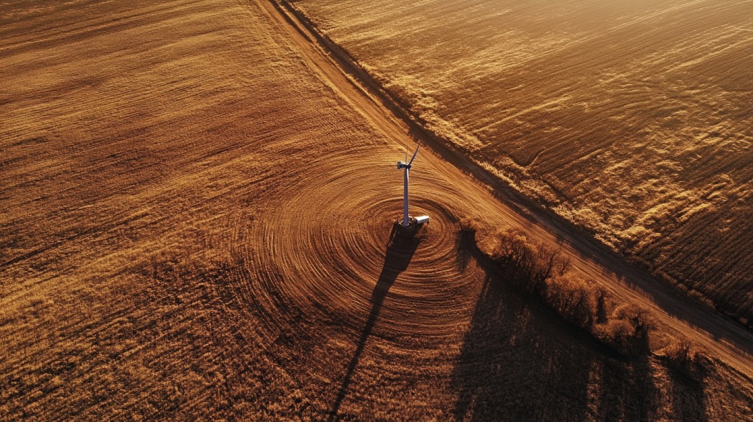 Aerial view of a wind turbine in the center of a circular field during golden hour, casting a long shadow