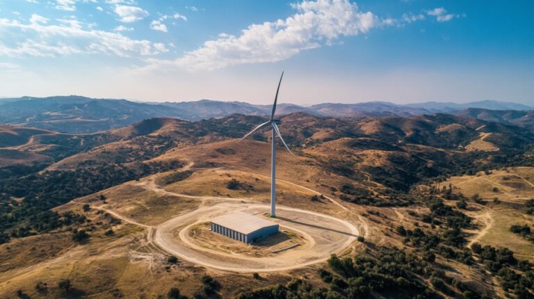 A large wind turbine on a hilltop surrounded by rugged terrain under a clear blue sky