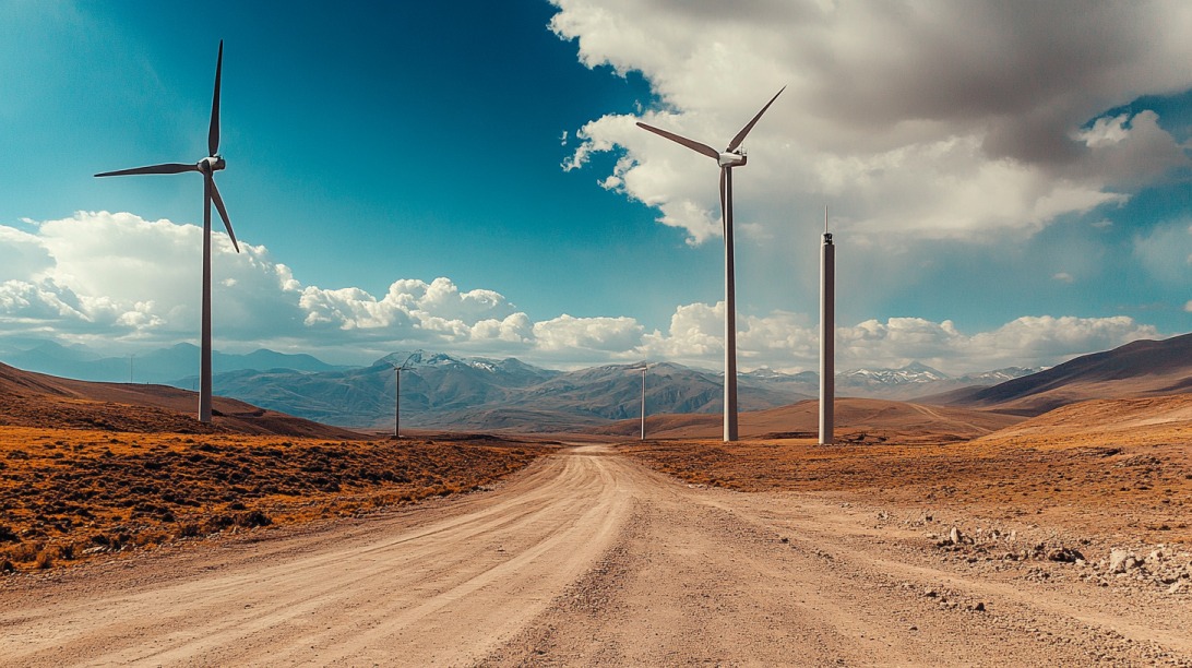Wind turbines at different stages of construction in a remote mountainous landscape under a partly cloudy sky.