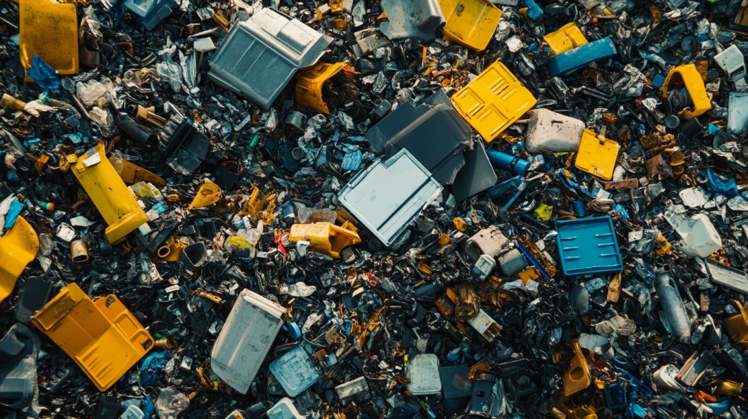 Overhead view of a large pile of colorful industrial plastic and metal waste, illustrating the outcome of unchecked manufacturing waste