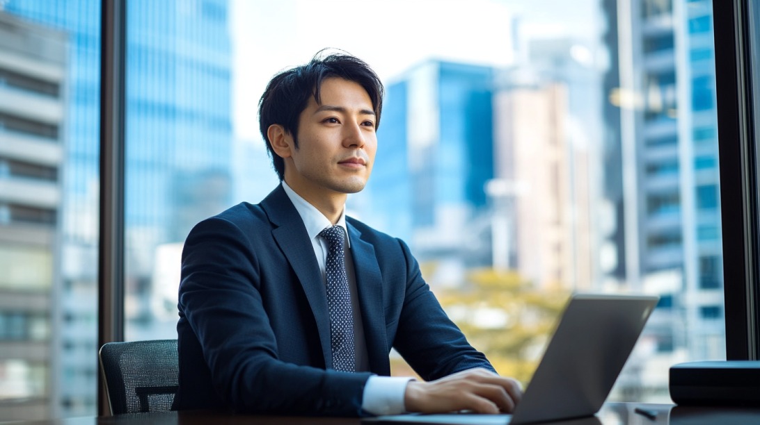 Professional man in a suit working on a laptop in a high-rise office with city buildings in the background