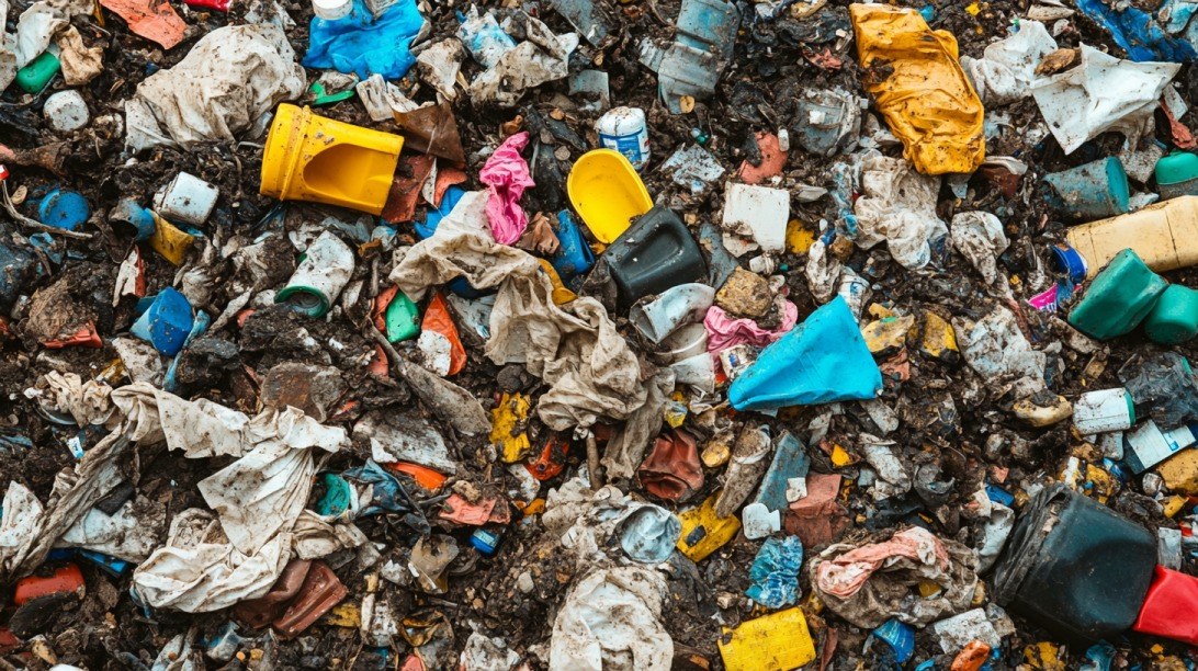 A densely packed pile of dirty plastic waste, fabric scraps, and debris in a landfill