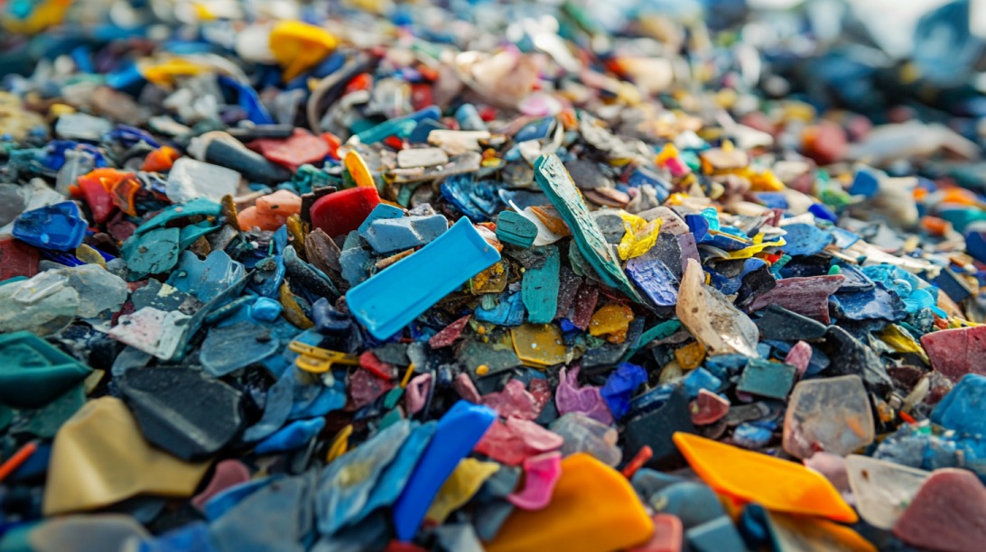 A close-up view of colorful recycled plastic fragments in a large pile, ready for repurposing