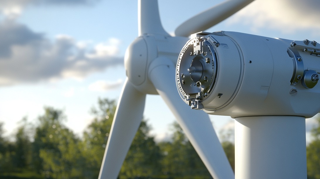 Close-up of a wind turbine’s nacelle and rotor hub without blades, with another complete turbine and green trees in the background