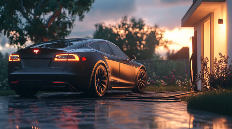 Tesla electric car charging at a home station during a rainy sunset