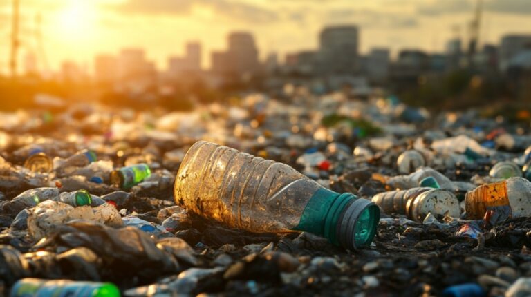 Plastic bottles and garbage scattered across a polluted landfill with a city skyline in the background at sunset
