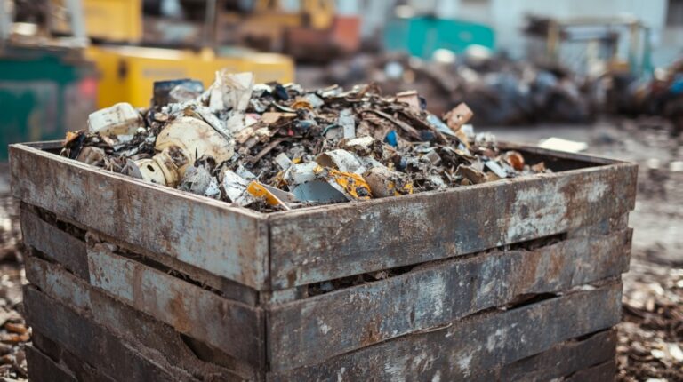 Large wooden crate filled with industrial manufacturing waste, including metal and plastic scraps, in an outdoor scrapyard setting
