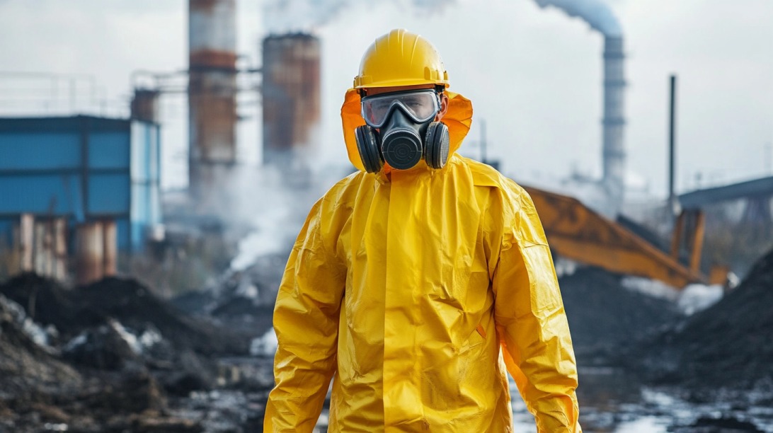 Person in yellow hazmat suit and gas mask standing in front of industrial facility with smoke emissions