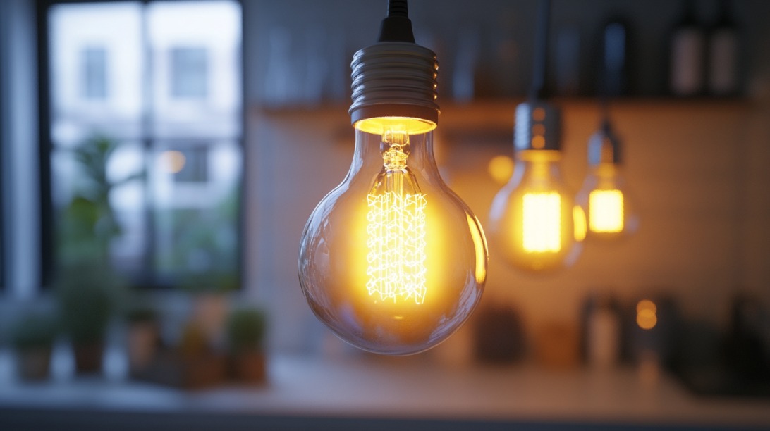 Close-up of illuminated LED filament bulbs hanging in a cozy indoor space with natural light in the background