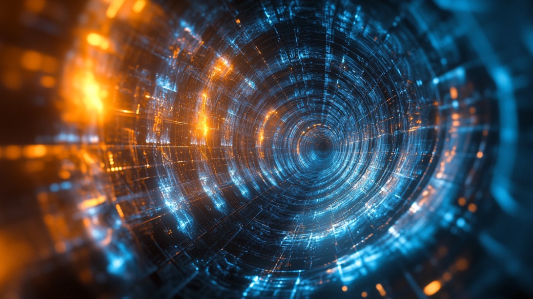 Futuristic tunnel of glowing blue and orange lights representing digital data flow