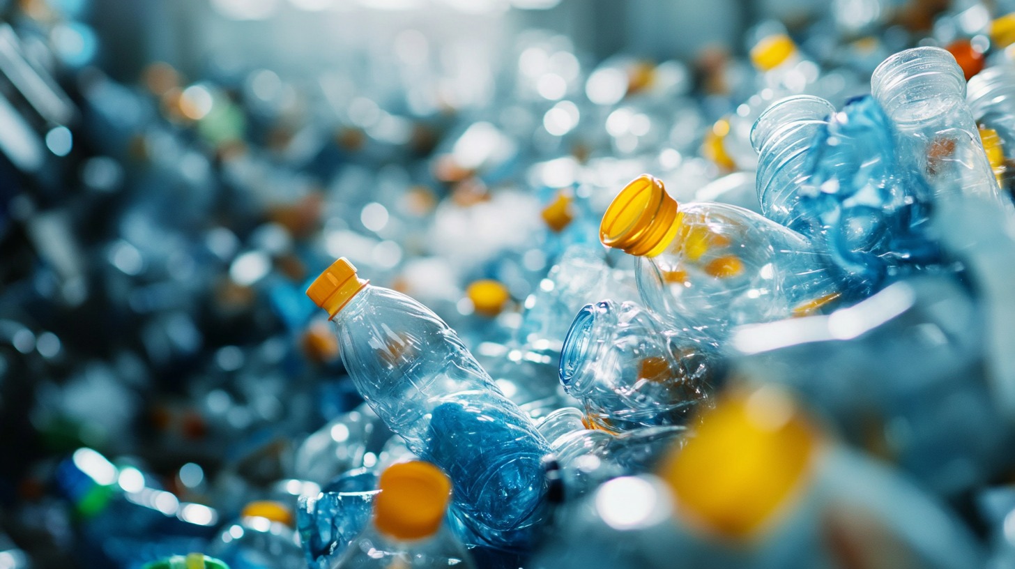 Close-up of a pile of transparent plastic bottles with yellow caps, ready for recycling