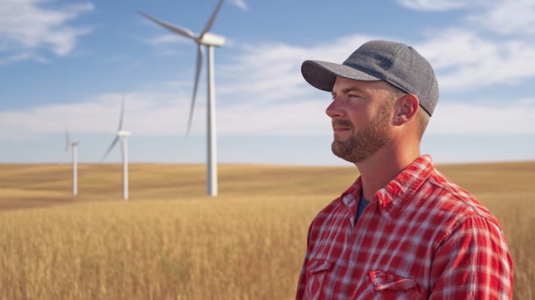 Man in red plaid shirt and cap standing in a field with wind turbines in the background under a blue sky
