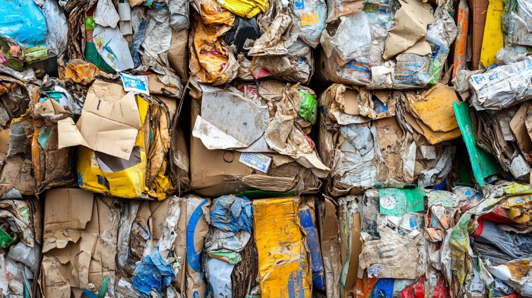 Stacks of compressed cardboard and packaging waste, representing poor inventory and material management in industrial settings