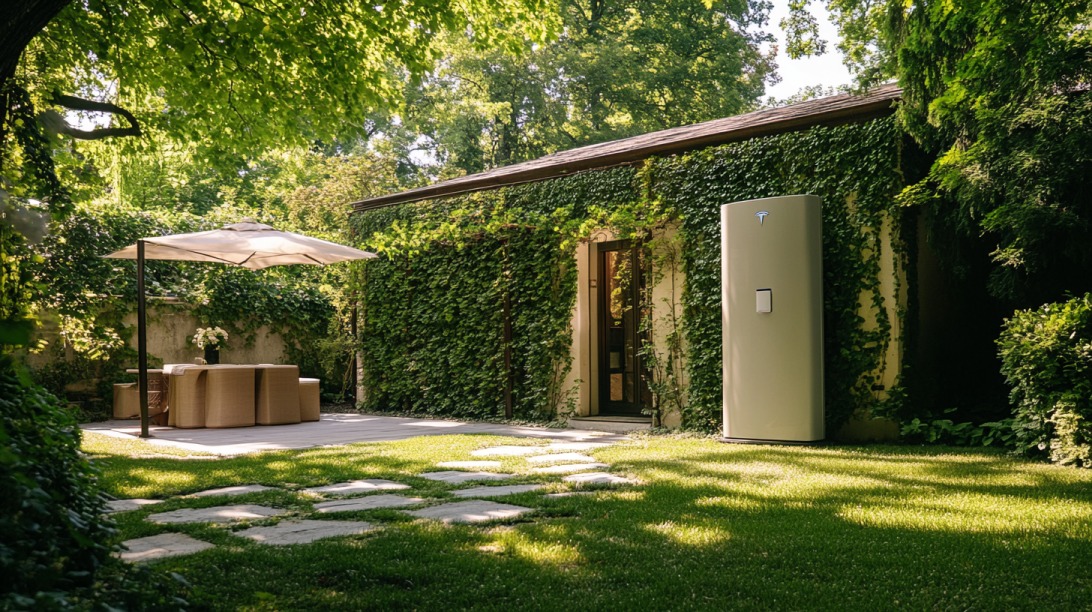 Tesla Powerwall mounted on the exterior wall of a house covered in ivy