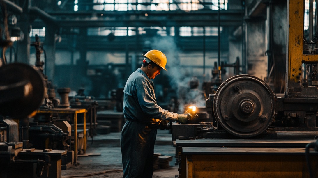 Industrial worker using machinery in a large manufacturing facility, symbolizing engineering improvements to reduce waste