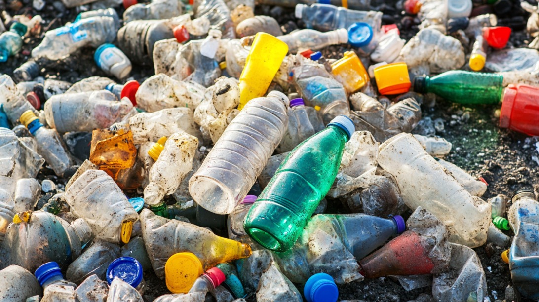 A large pile of discarded and dirty plastic bottles and containers scattered on the ground