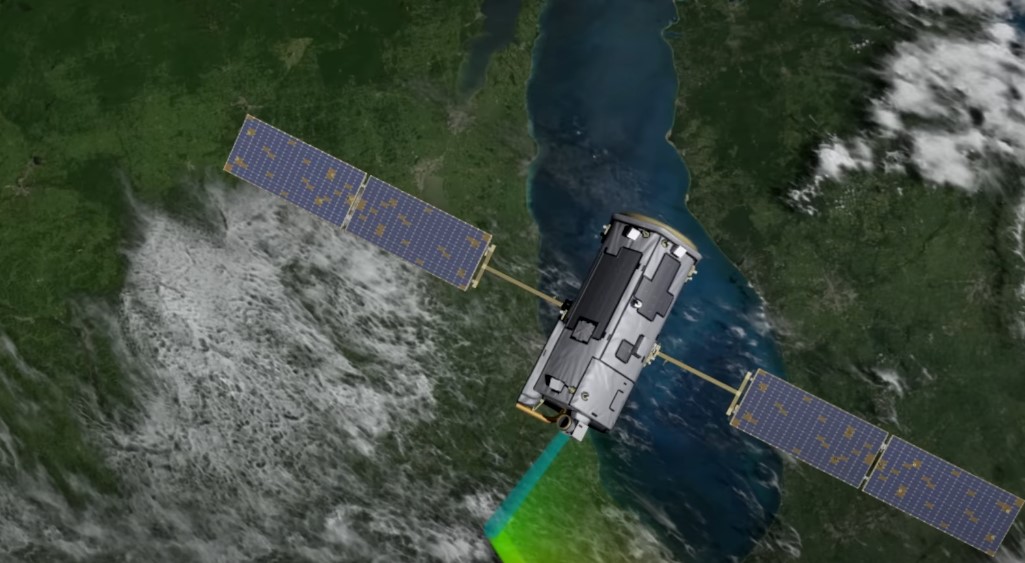 Satellite positioned above the Earth's surface, solar panels deployed