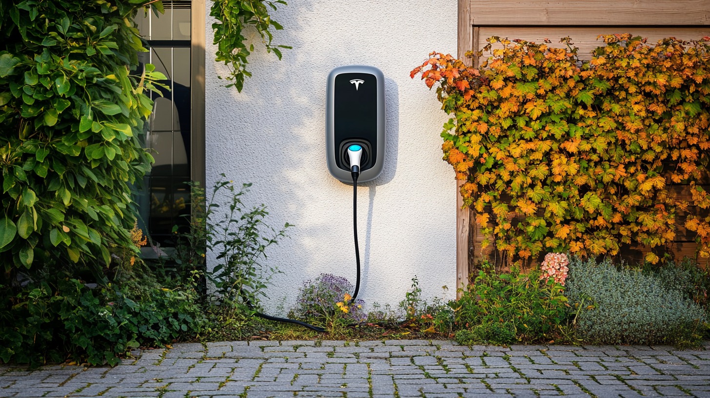 Tesla home charging station mounted on a house wall surrounded by plants