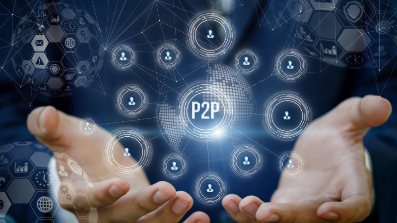 Hands display a digital P2P network used to fund eco-friendly vehicles