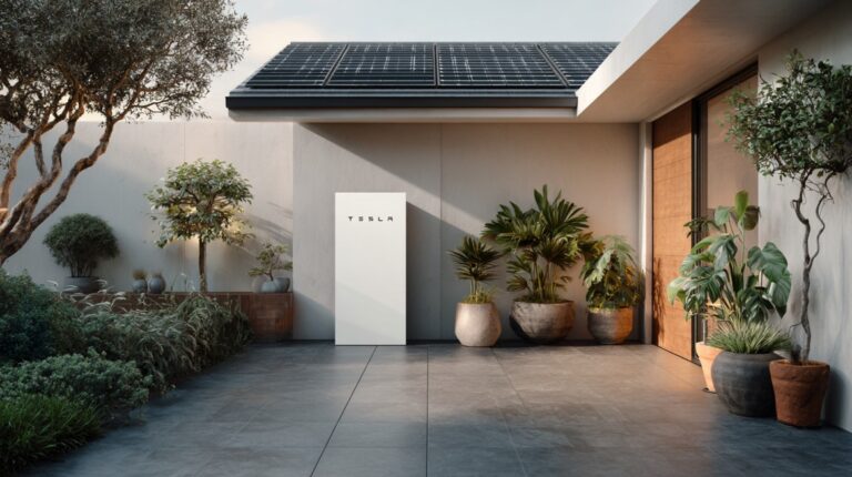 Tesla Powerwall installed outside a modern home with rooftop solar panels and potted plants