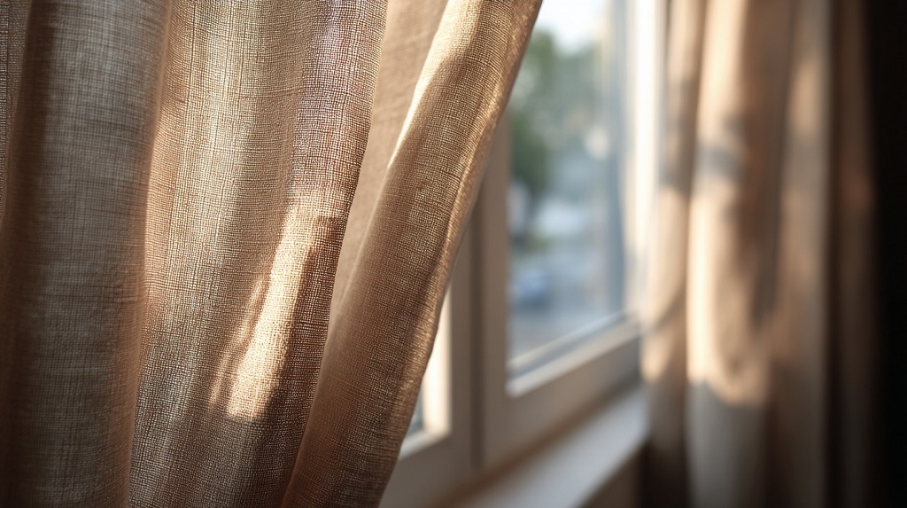 Close-up of light brown curtains partially drawn across a sunlit window in an apartment.