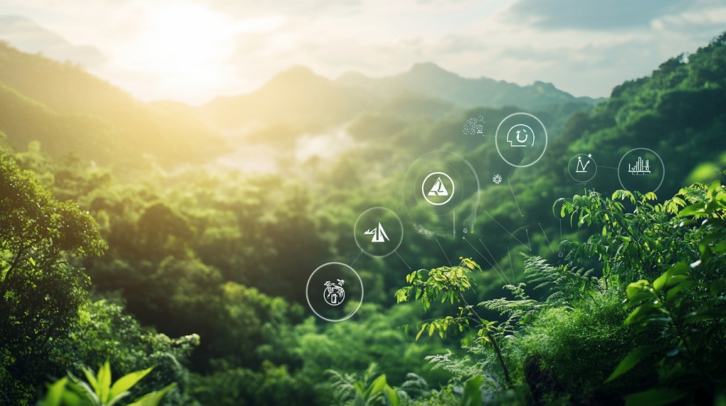 Natural landscape with eco icons representing environmental goals