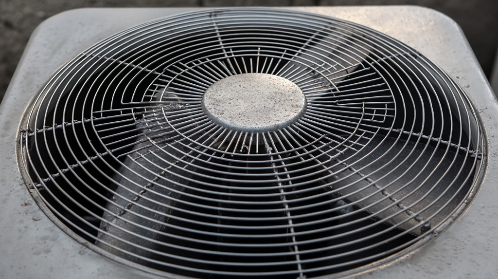 Close-up view of an outdoor air conditioning unit fan covered by a metal grate
