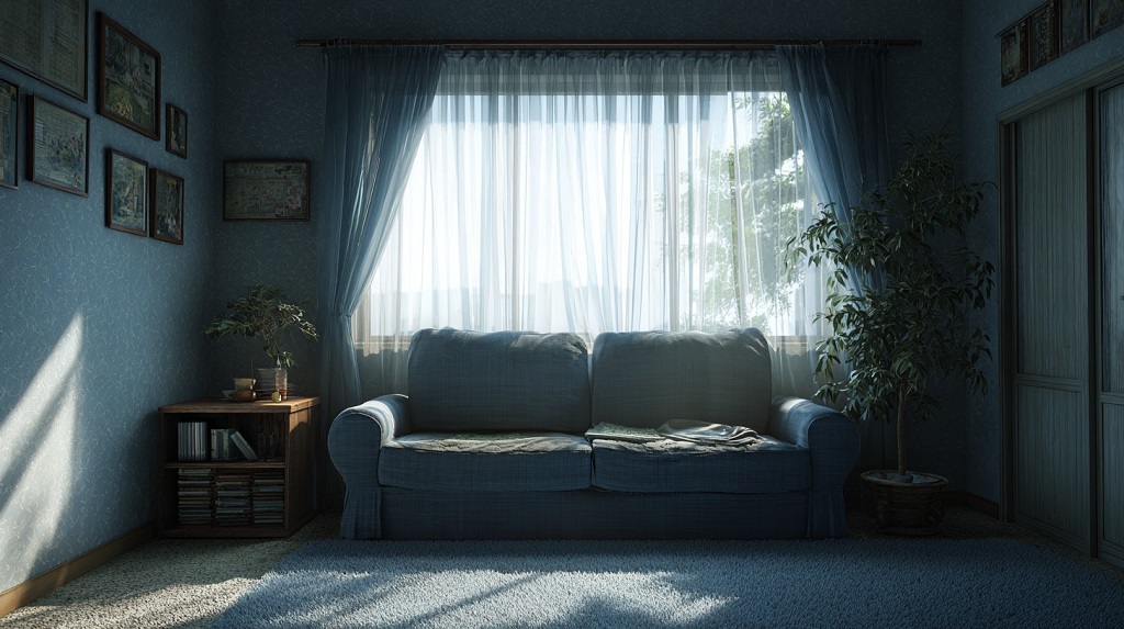 Living room with a blue sofa, sheer curtains letting in daylight, indoor plants, and framed artwork on the walls