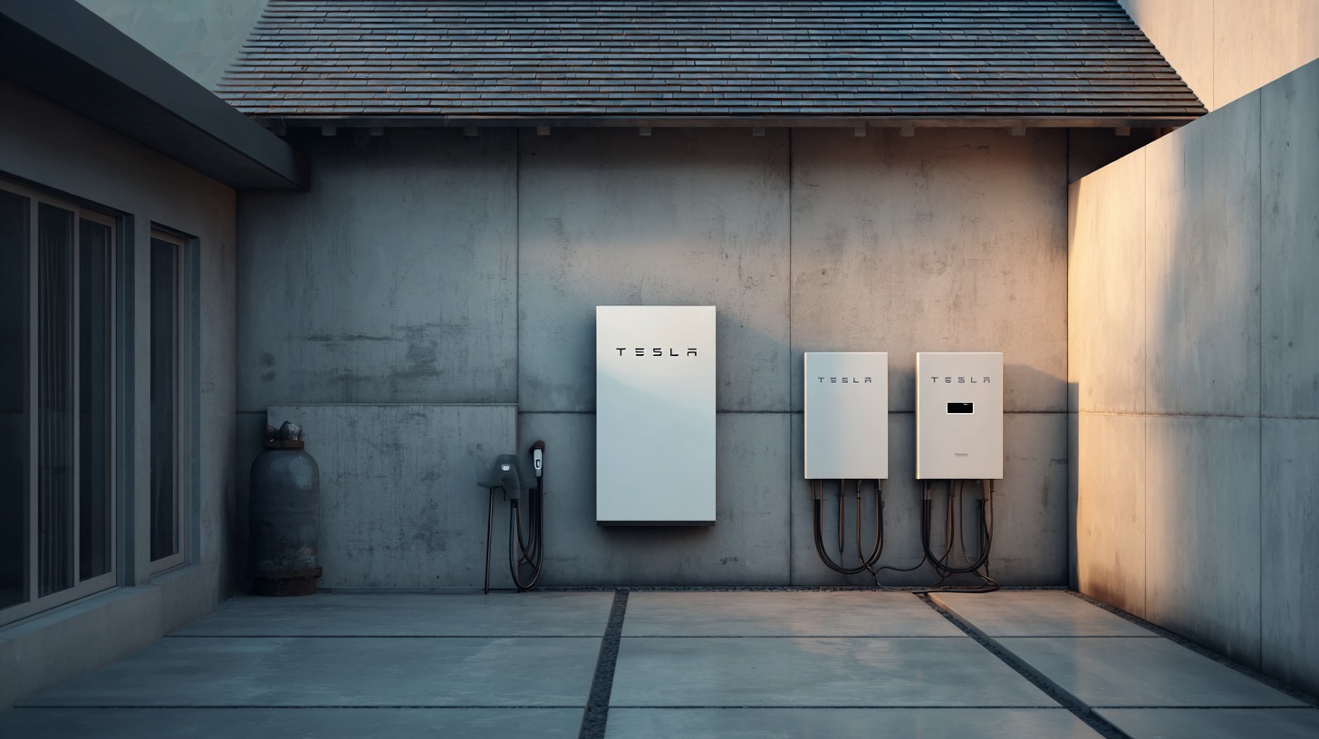 Tesla Powerwall units and EV charger mounted on a modern home's concrete wall