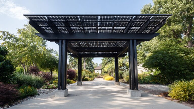 Modern solar pergola in a landscaped garden with photovoltaic panels on the roof