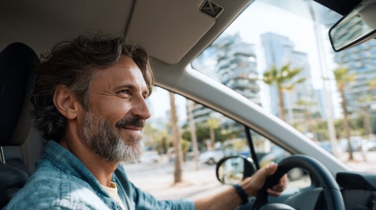Smiling man with gray hair and beard driving a car in an urban setting with modern buildings and palm trees visible through the window