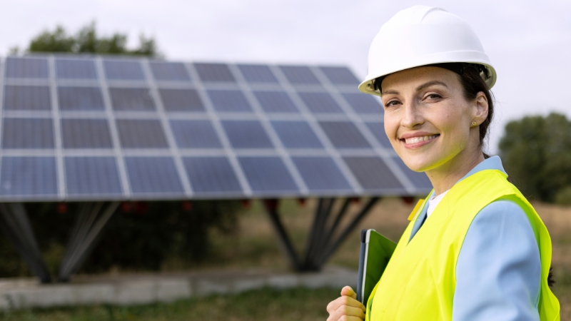 Engineer standing next to solar panels illustrating Scope 2 emission cuts