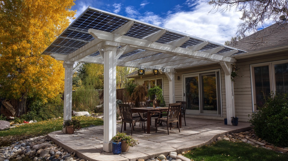 Finished white pergola with installed solar panels and outdoor dining setup in a backyard