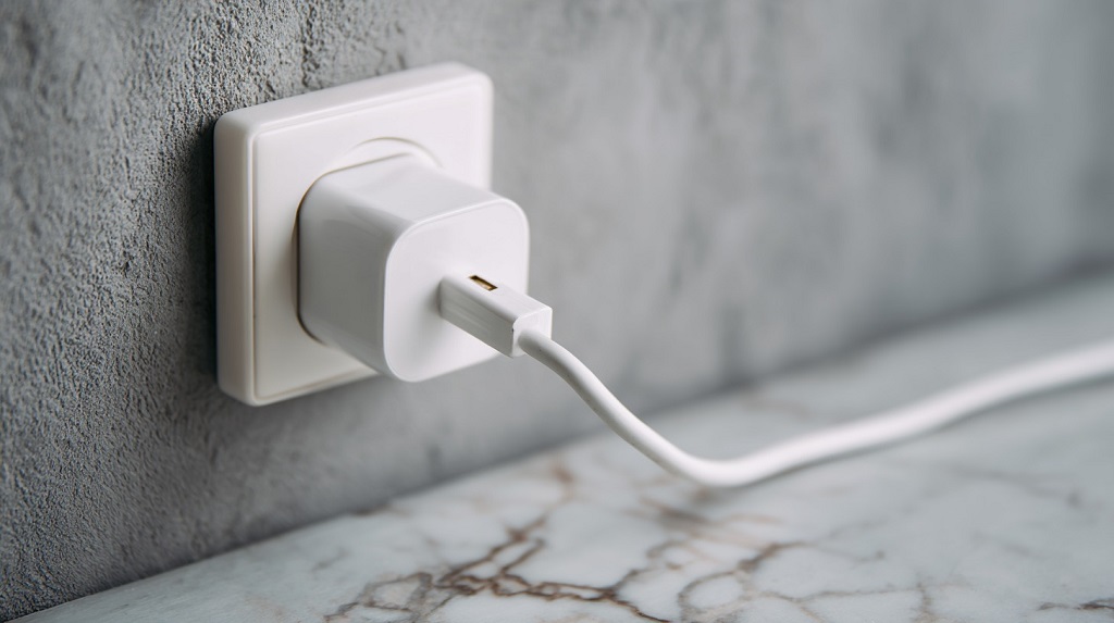White wall charger plugged into a power outlet, representing daily electricity usage and its impact on the home energy bill