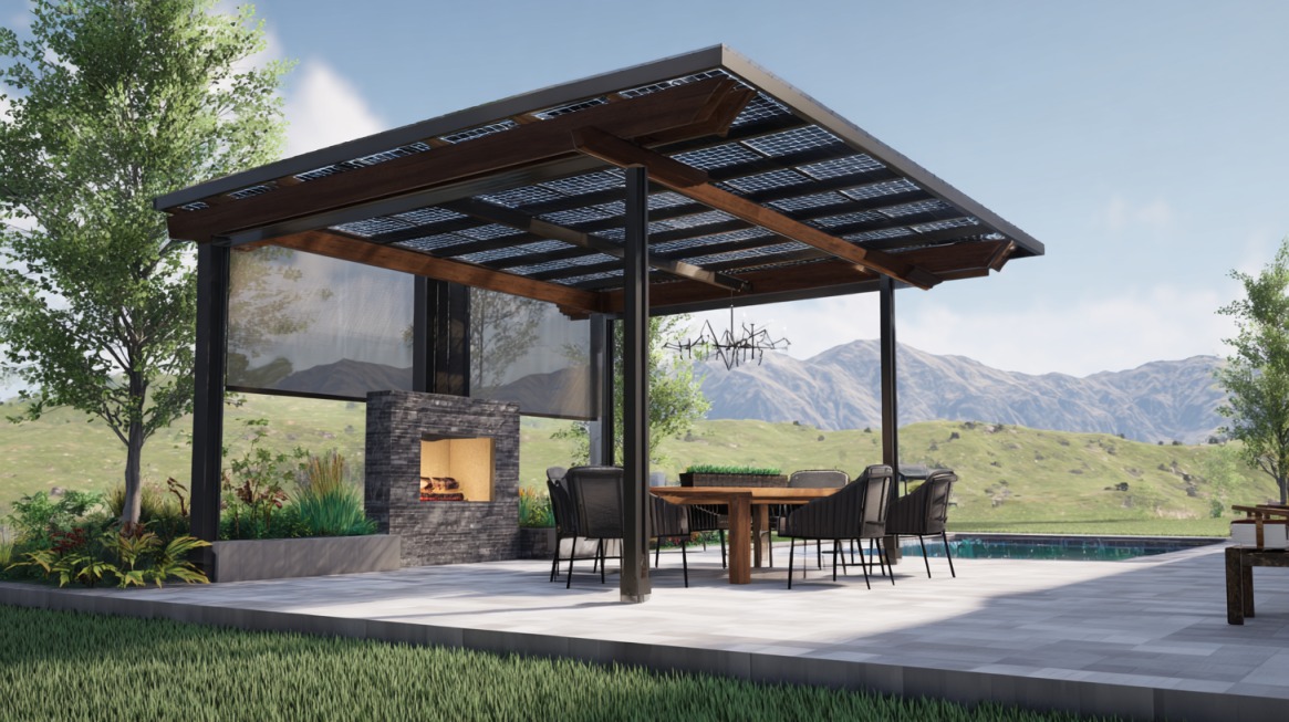 Modern solar pergola with dining area and fireplace in a scenic mountain backyard